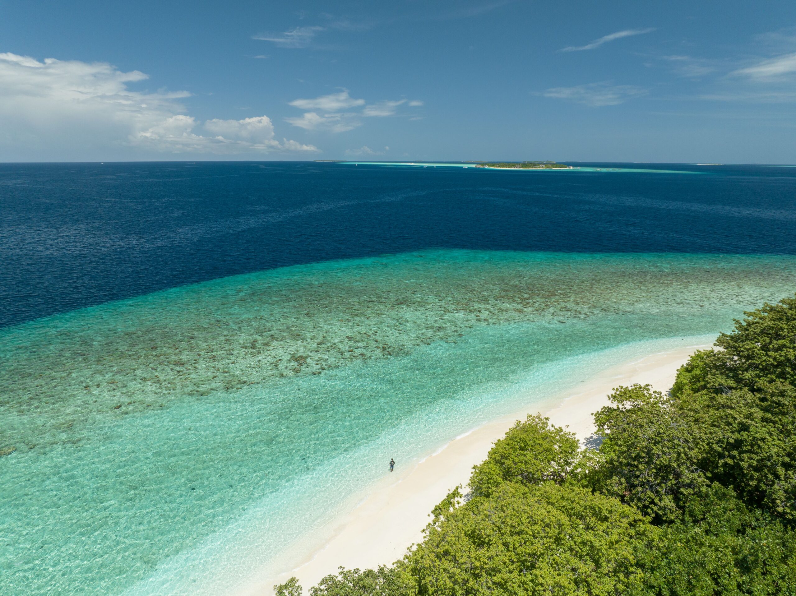 Arial view of the island, with the bay and the woods and the reef, with a person on the beach giving a sense of scale, with clear blue waters and blue sky.