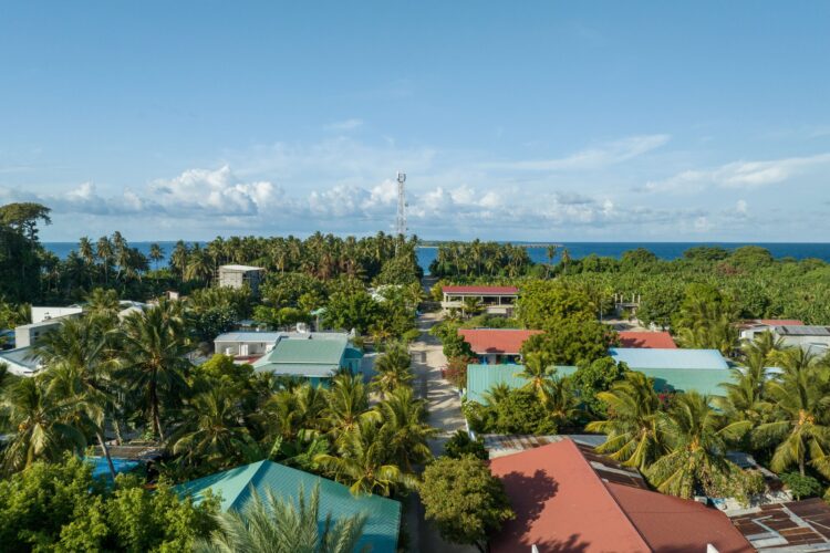 Areal view of Kamadhoo Island, Maldives, Hanifaru Bay