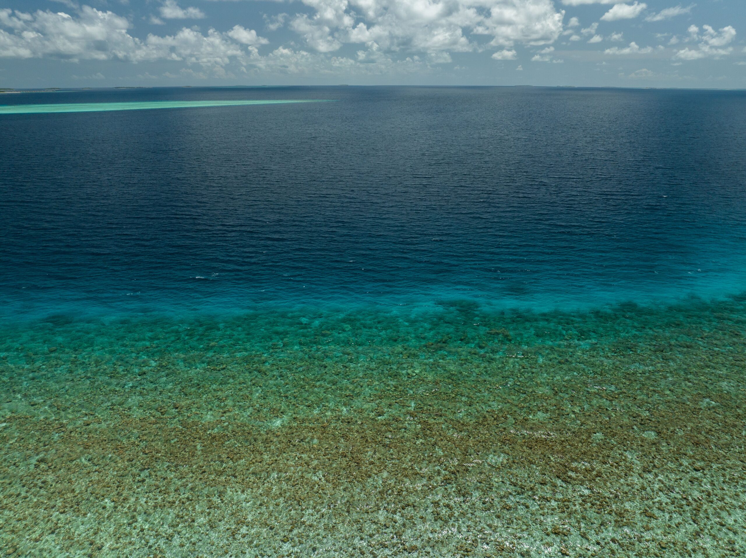 A view of the Maldives from a height, showing the reef.