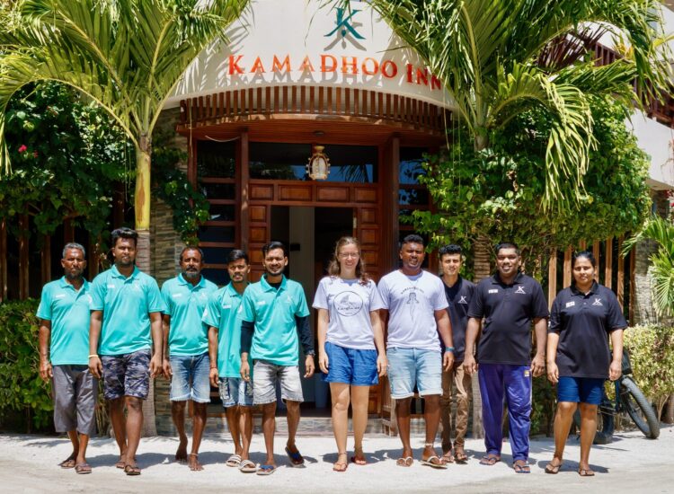 The whole team at the Kamadhoo Inn guesthouse, Maldives